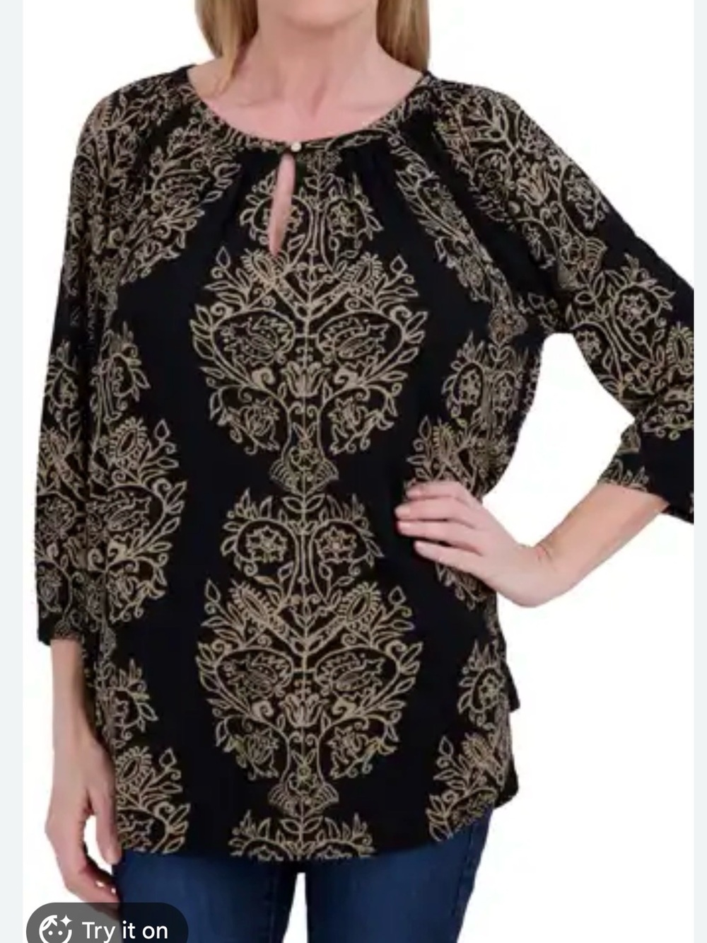 Lucky Brand Black Tunic with Floral Medallion Print Keyhole Blouse Size 1X